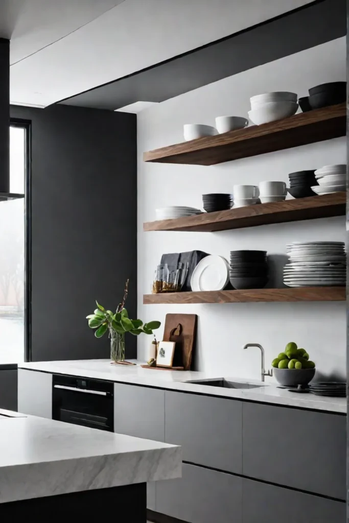 Contemporary kitchen with open storage for display and functionality