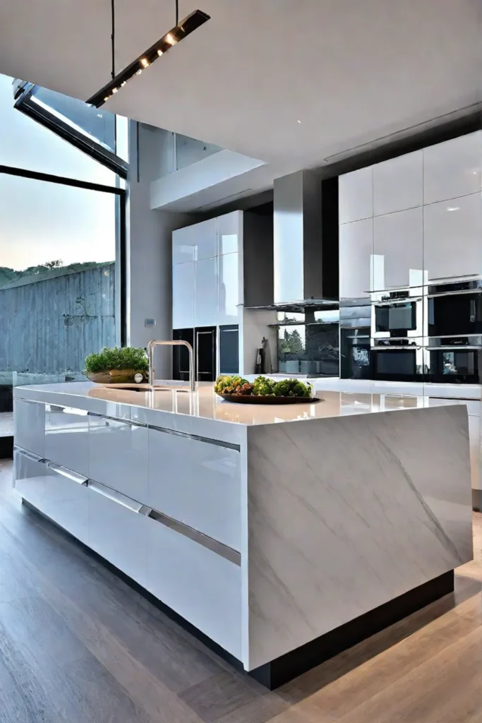 Contemporary kitchen with recycled quartz countertop highgloss cabinets and smart appliances