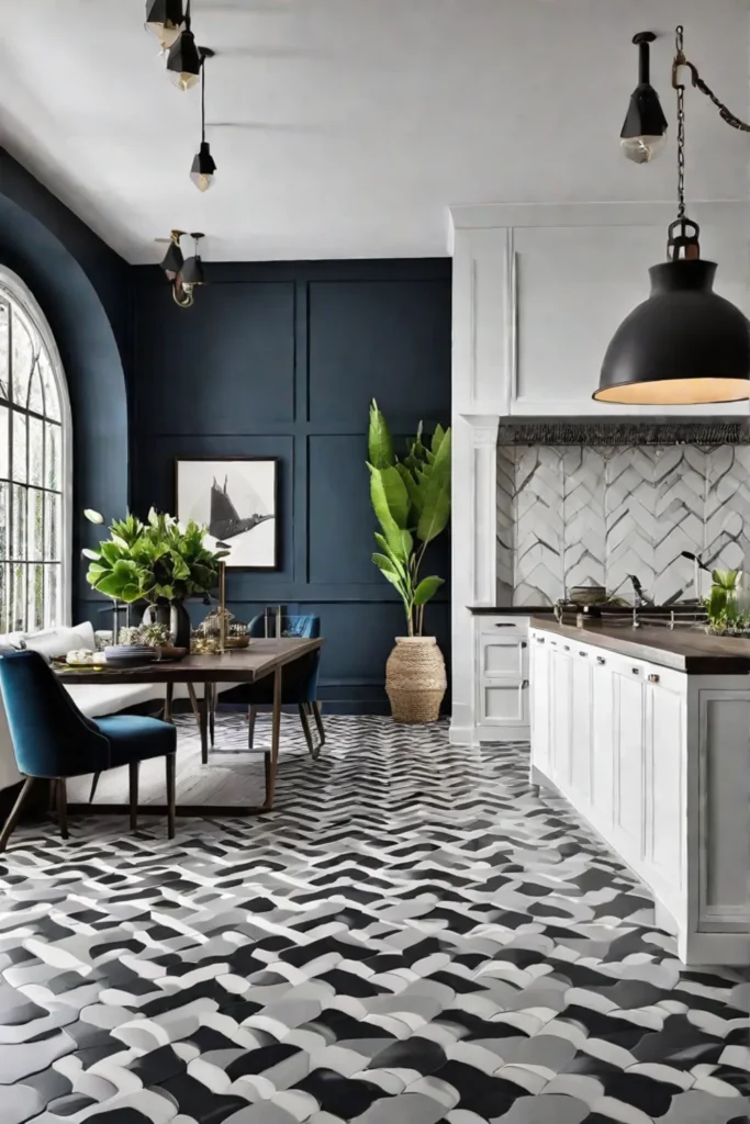 Contemporary kitchen with bold patterned tile flooring