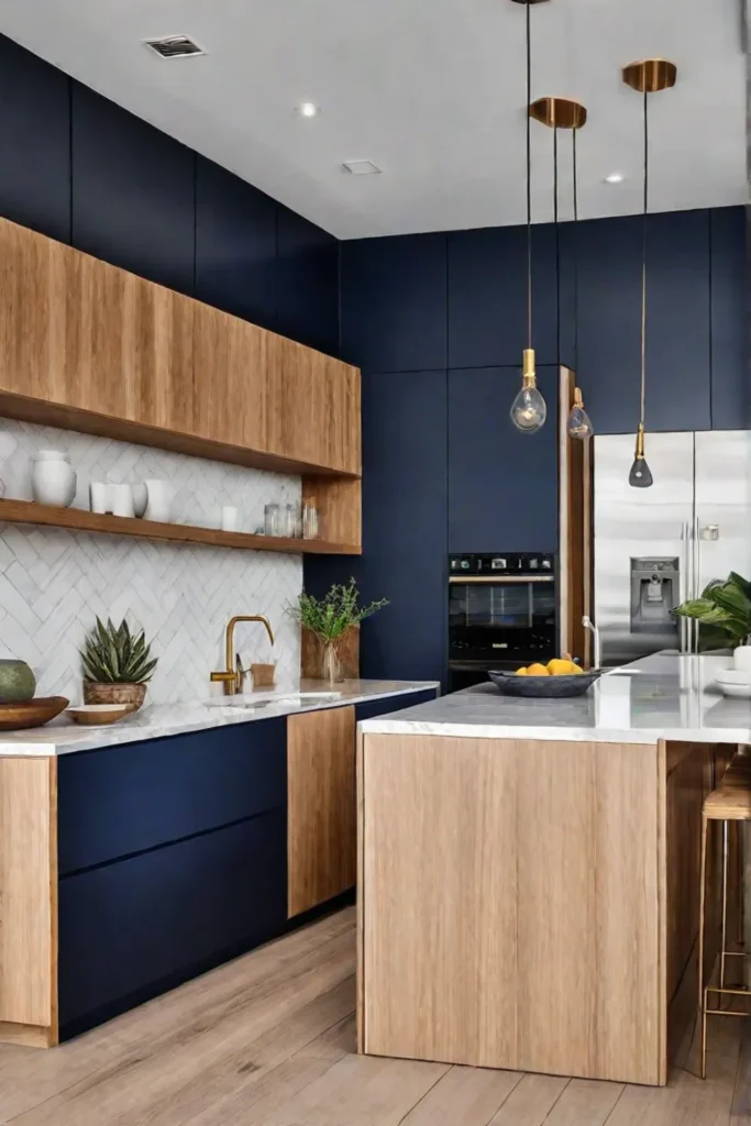 Contemporary kitchen with geometric backsplash and gold accents