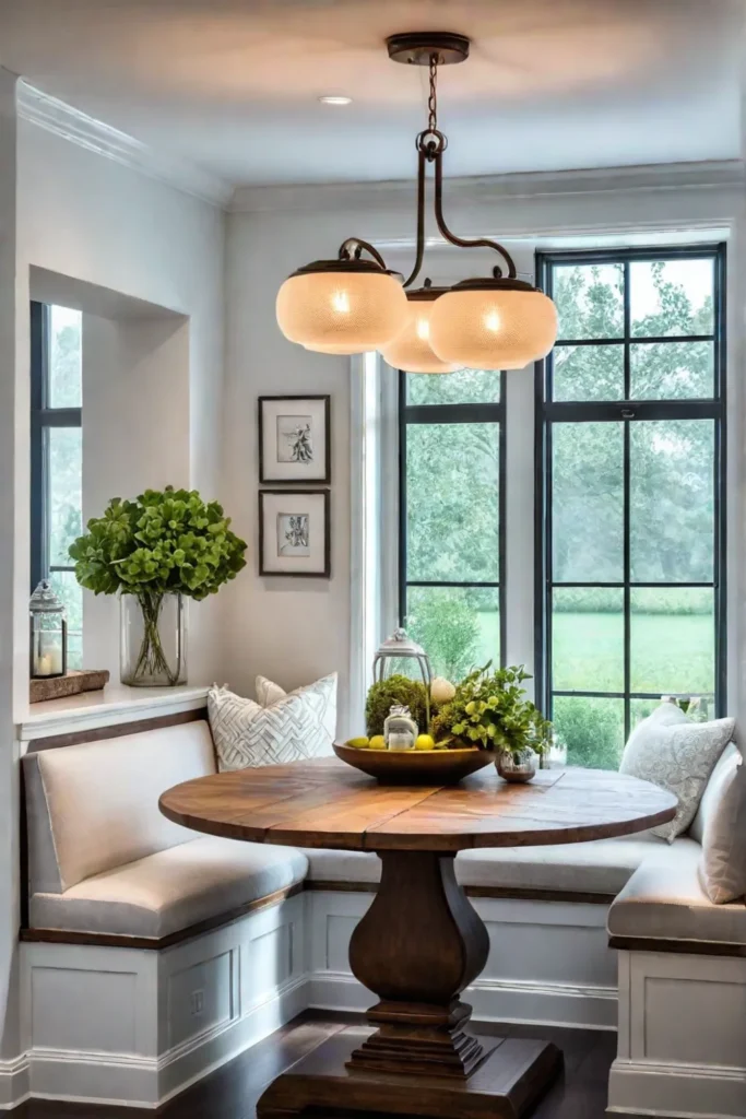 Cozy farmhouse dining nook with mason jar pendant lights