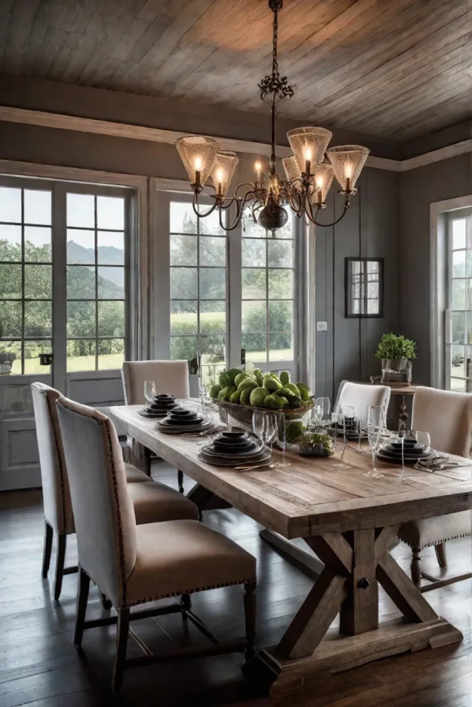 Cozy farmhouse dining room with distressed wood table and armchairs