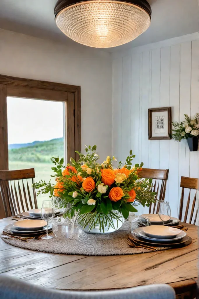 Cozy farmhouse dining room with round table and antique mirror