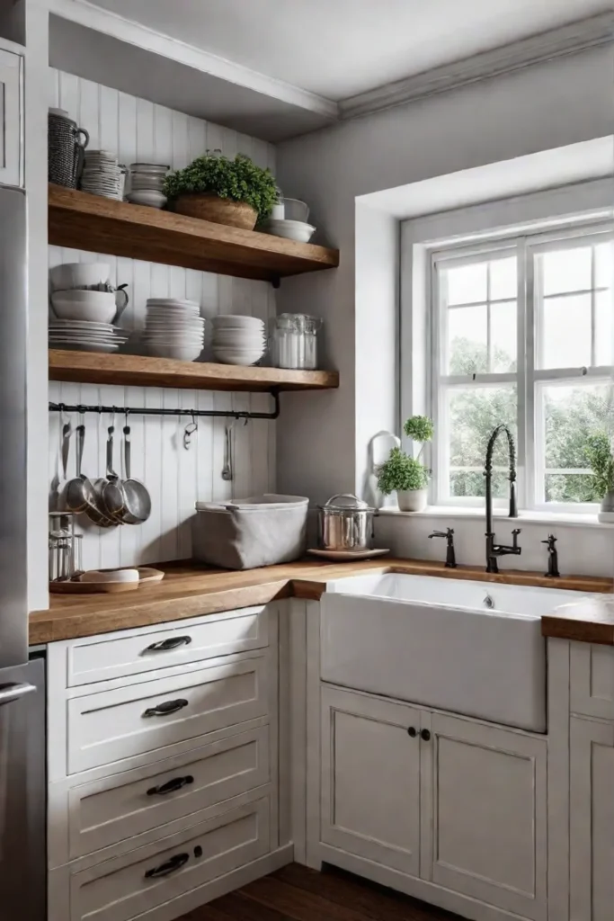 Cozy kitchen with farmhouse sink and open shelving