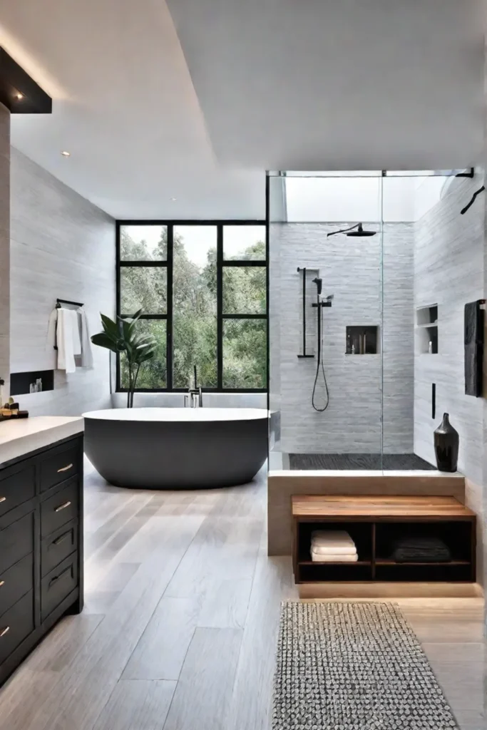 Cozy master bathroom with walkin shower and bench seat