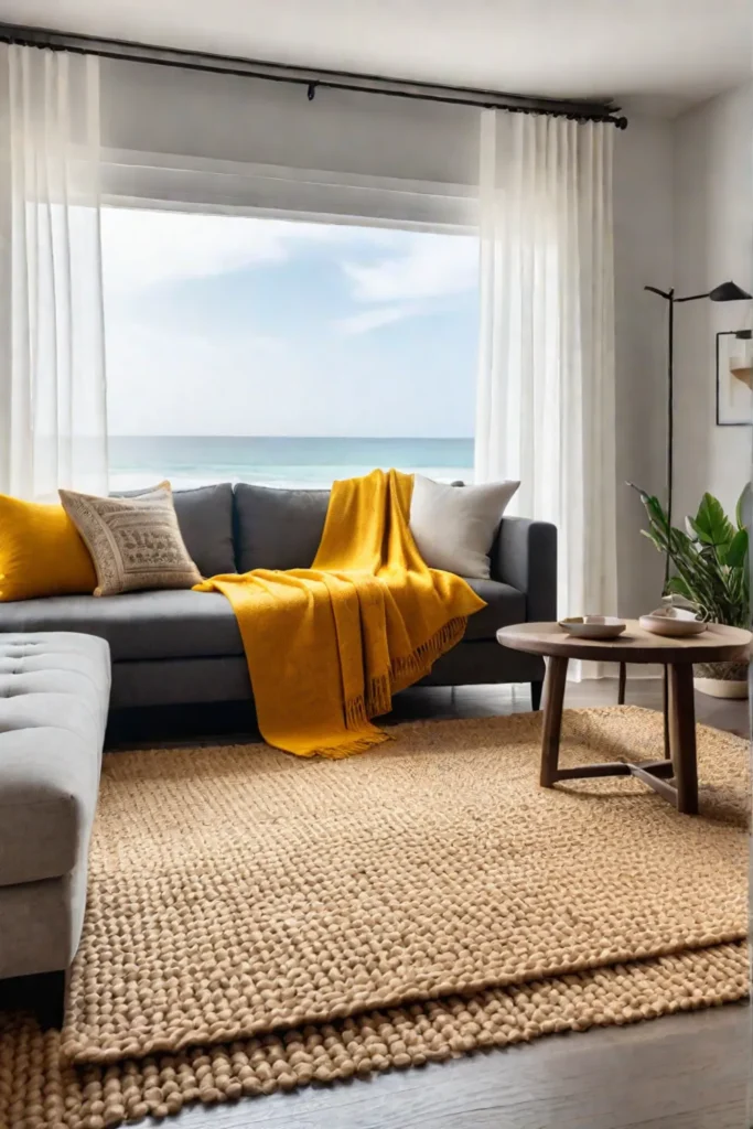 Cozy minimalist living room with white ochre yellow and natural textures