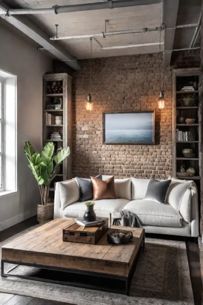 Cozy industrial living room with fireplace and whitewashed brick