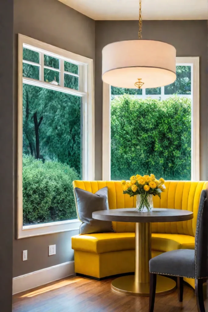 Cozy kitchen with pedestal table and pendant lighting