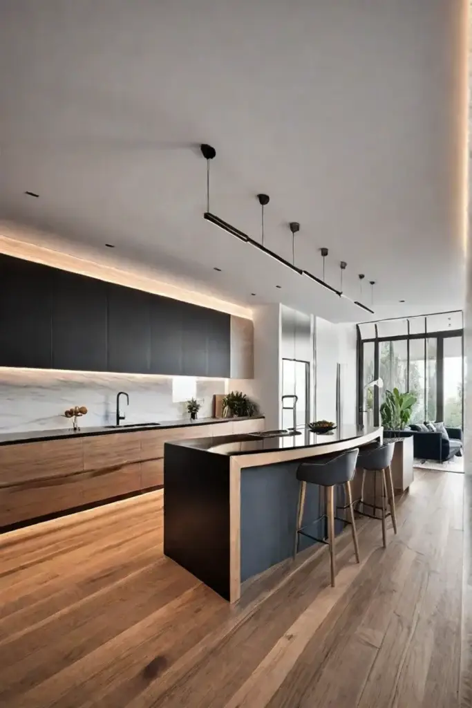 Curved kitchen island with waterfall edge and wood tones