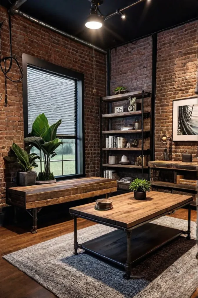 DIY faux exposed brick wall in an industrial living room