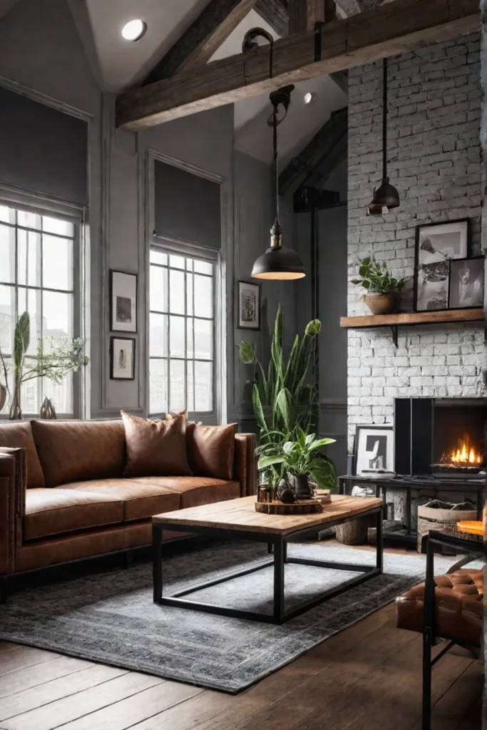 Earthy tones and wood accents creating a warm industrial space