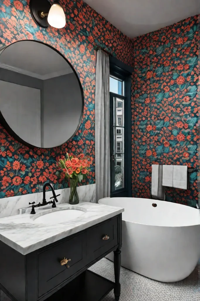 Eclectic bathroom with patterned wallpaper clawfoot tub and modern vanity