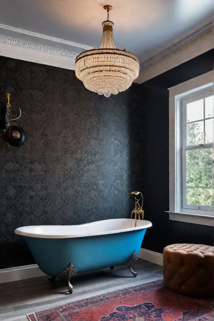 Eclectic master bathroom with clawfoot bathtub patterned wallpaper and antique fixtures