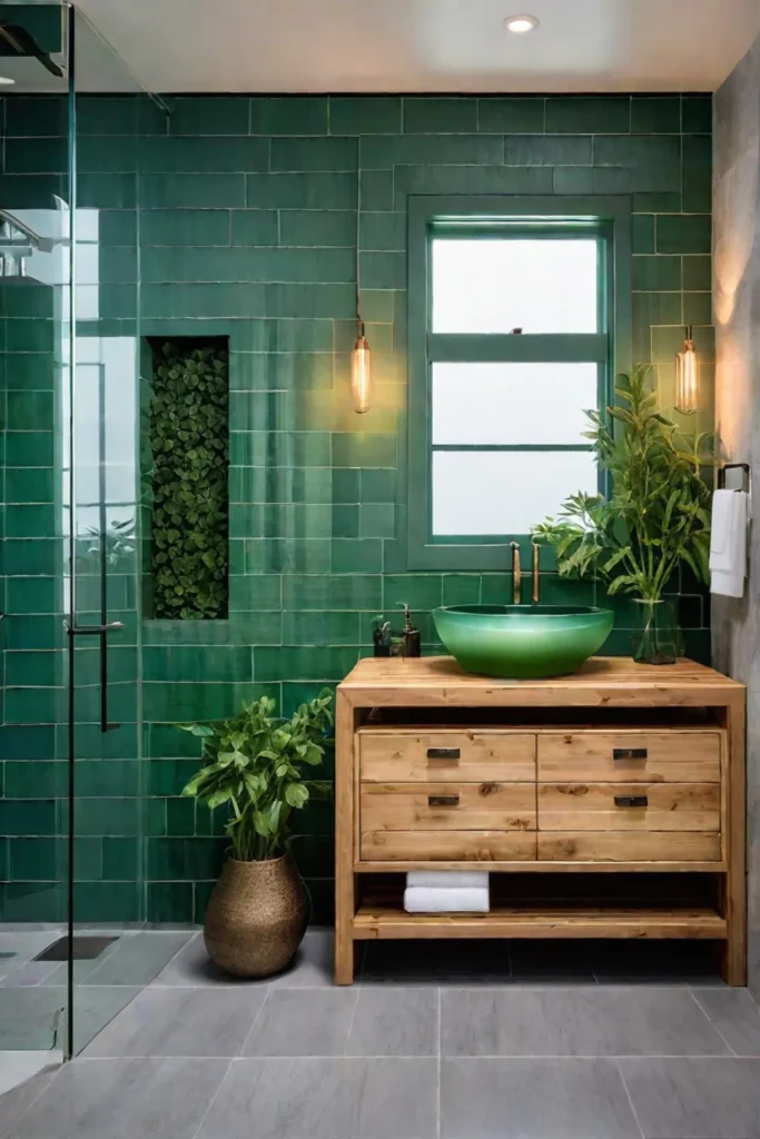 Ecofriendly bathroom with natural light reclaimed wood and plants