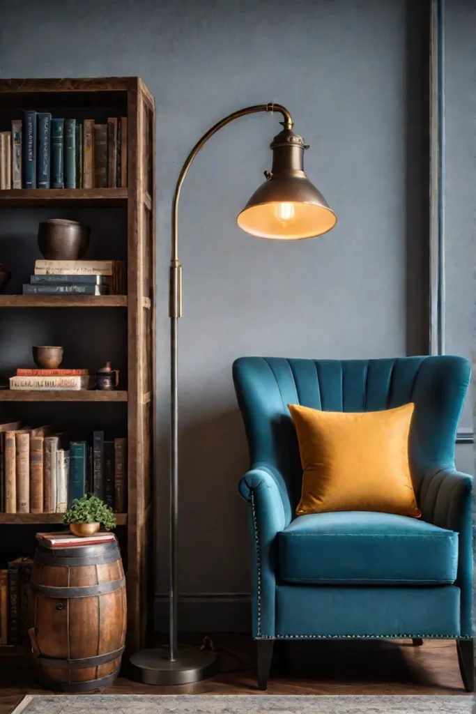 Edison bulb floor lamp illuminates a cozy reading nook with an armchair and bookshelf