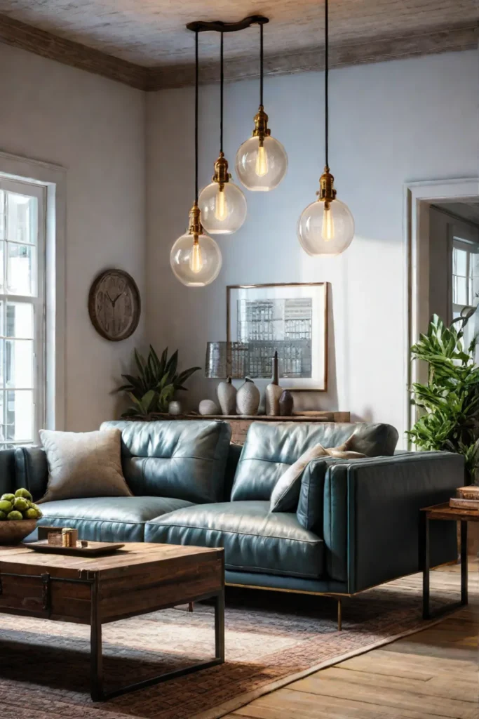 Edison bulb pendants and an industrial floor lamp light up a vintagestyle living room