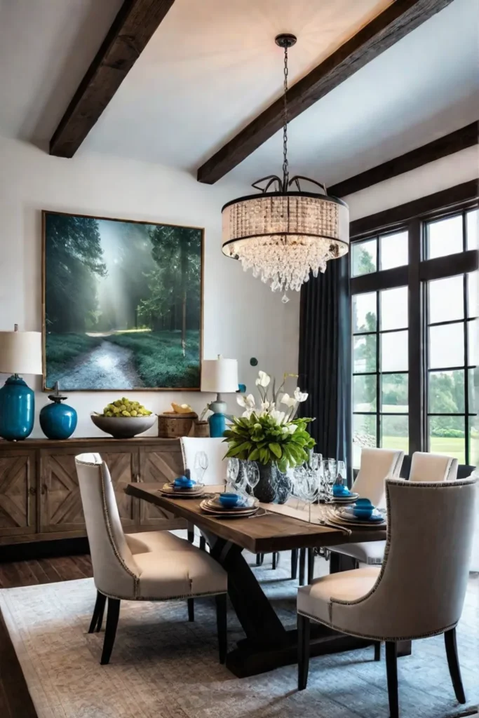 Elegant farmhouse dining room with crystal chandelier and abstract painting