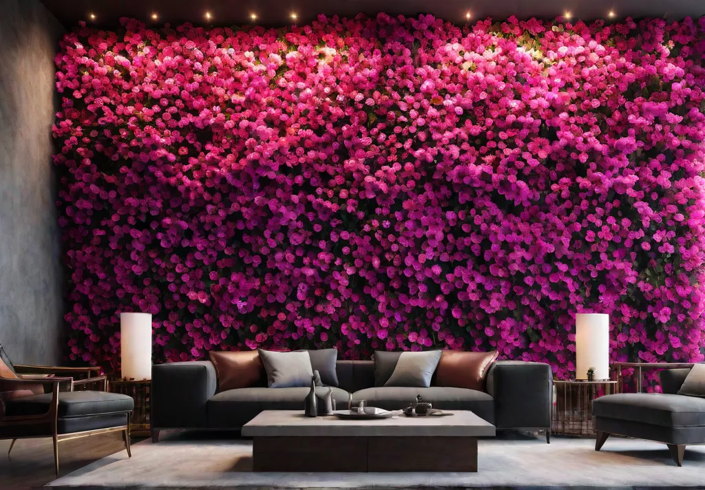 Elegant living room with a dramatic floral wallpaper accent wall featuring lushfeat