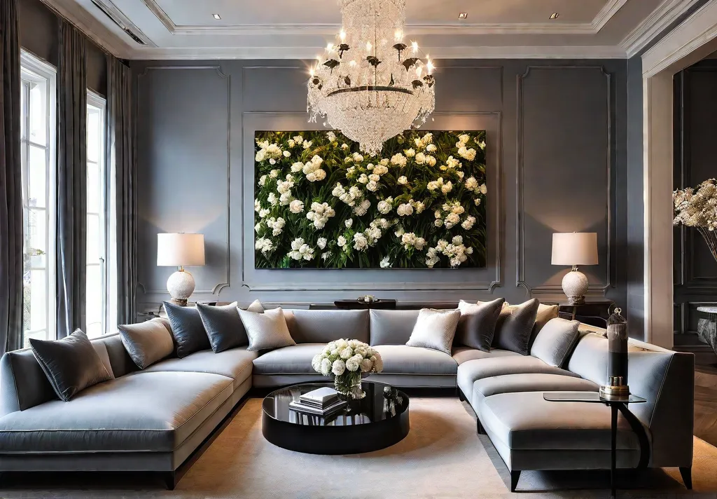 Elegant living room with a stunning floral wallpaper accent wall plush seatingfeat