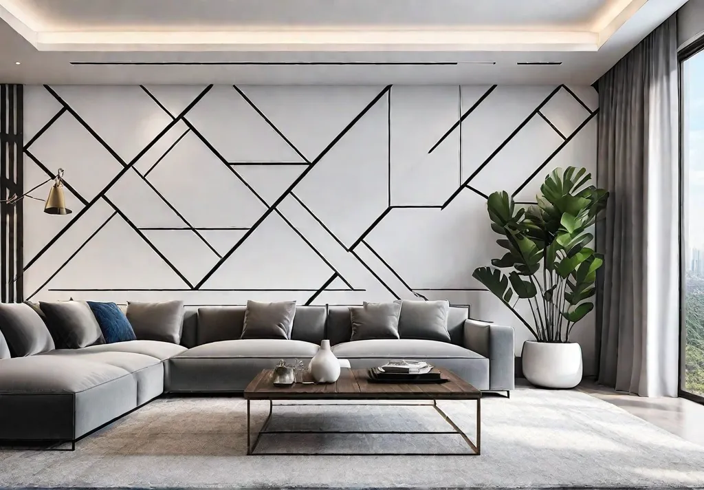 Elegant living room with a stunning geometric patterned accent wall featuring boldfeat