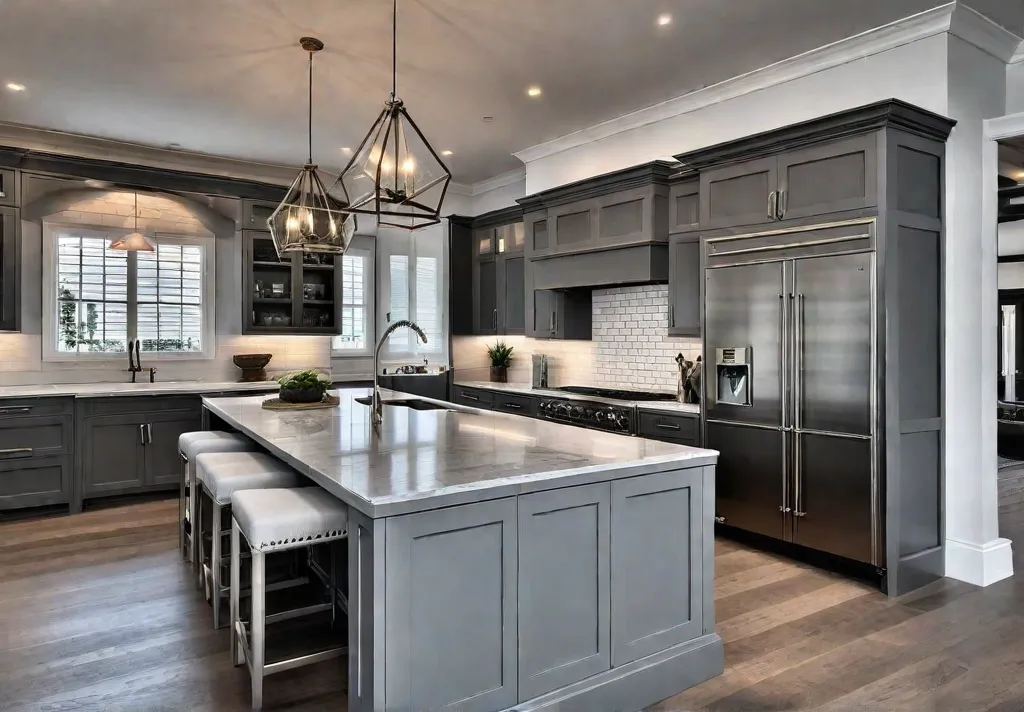 Elegant transitional kitchen island with shakerstyle cabinets in a soft gray finishfeat