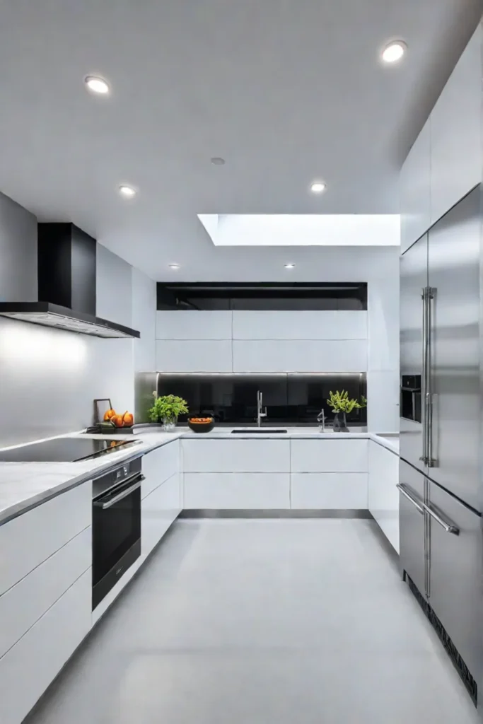 Energyefficient kitchen lit by LED recessed lights showcasing stainless steel appliances and