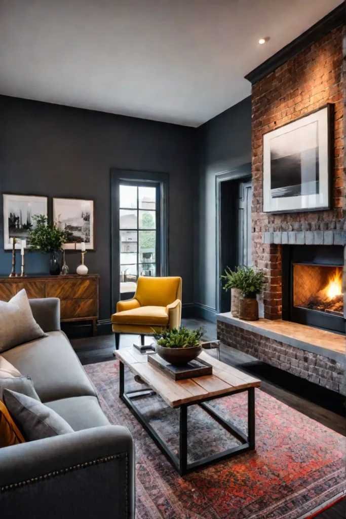 Exposed brick fireplace in an industrial living room