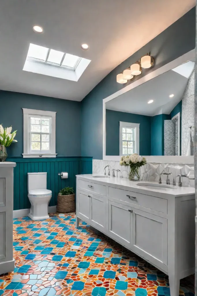 Familyfriendly bathroom with colorful tile mosaic and double vanity