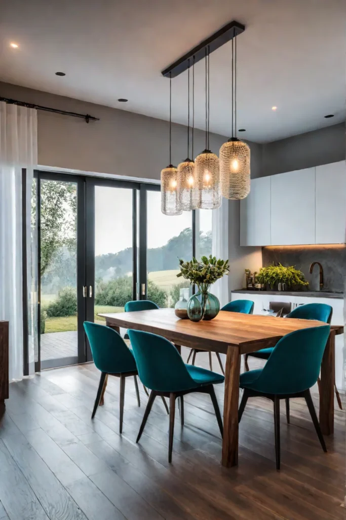 Farmhouse dining room with barn door and eclectic pendant lights