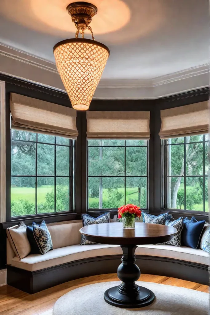 Farmhouse dining room with bay window and wall sconces