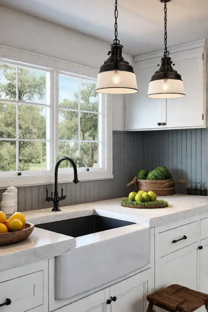 Farmhouse kitchen with butcher block island and shiplap walls