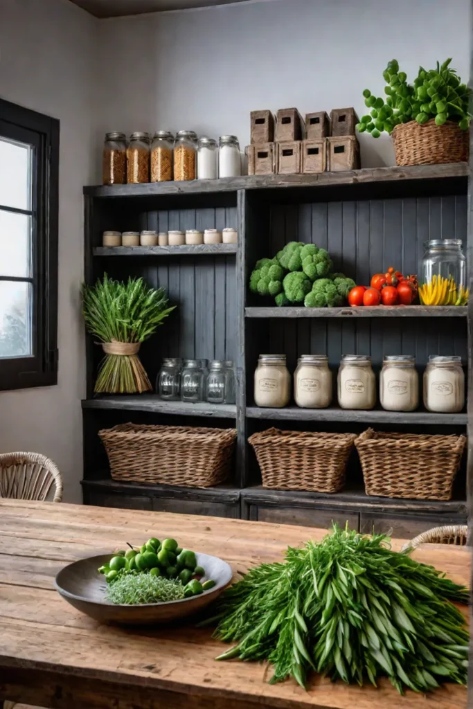 Farmhouse kitchen with reclaimed wood table wicker baskets of fresh produce and