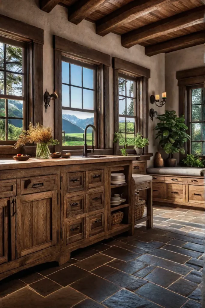 Farmhouse kitchen with natural stone tile flooring and wood cabinets