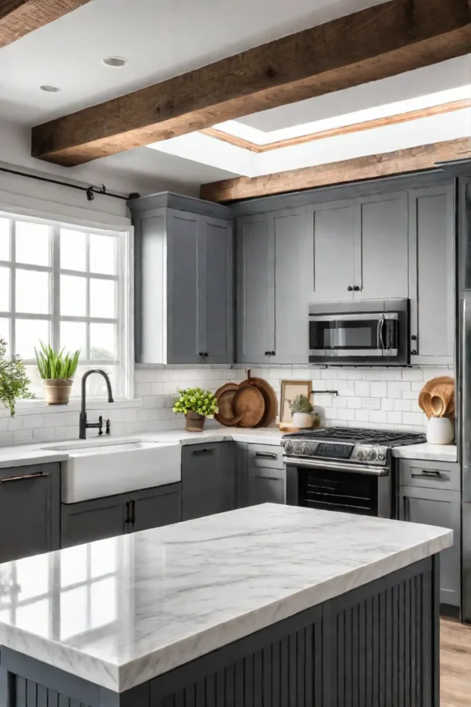 Farmhouse kitchen with white cabinets and open shelving