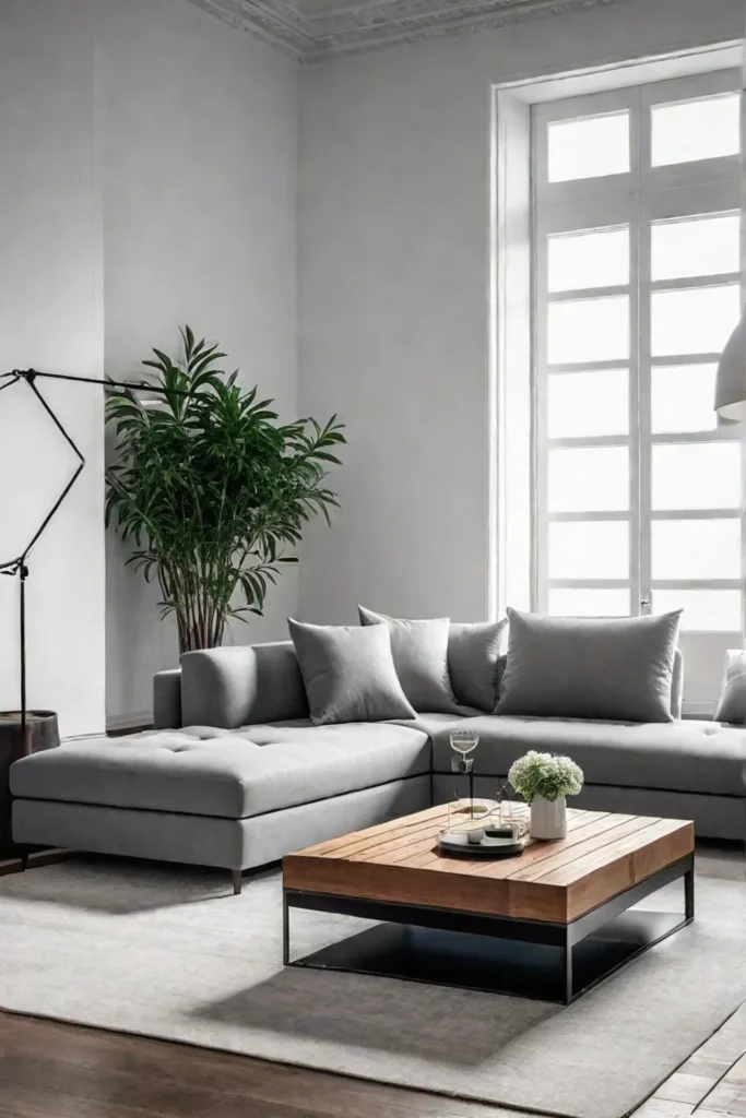 Functional minimalist living room with modular sofa and storage ottoman