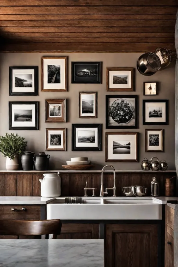 Gallery wall of botanical prints and antique kitchen utensils in a traditional