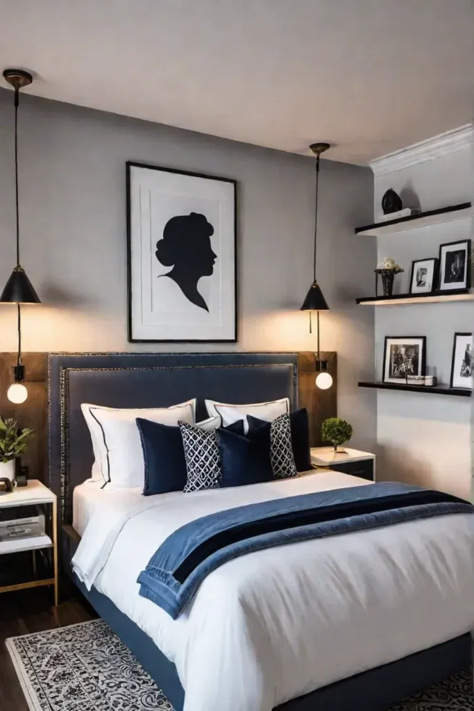 Guest room with floating shelves for display
