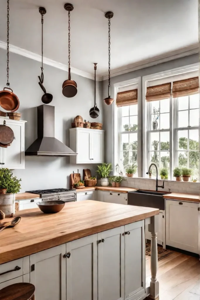 Hanging pot rack with copper cookware above a kitchen island