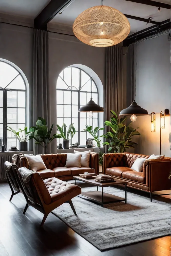 Highceilinged industrial living room with warm lighting