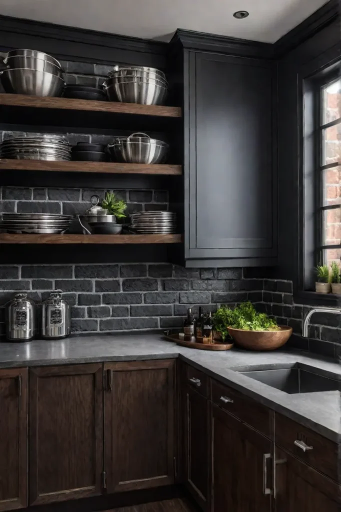 Industrial kitchen with corner lazy susan and open metal shelving