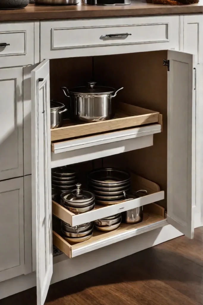 Kitchen cabinet organization with pullout shelves