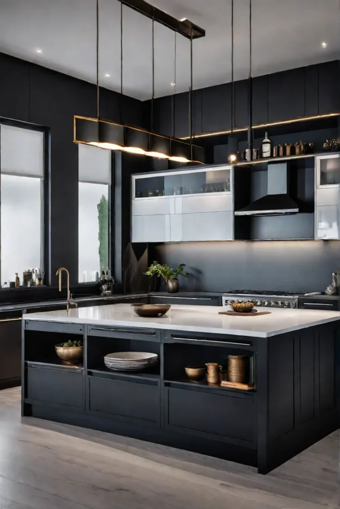 Kitchen island cabinets storing pots and pans