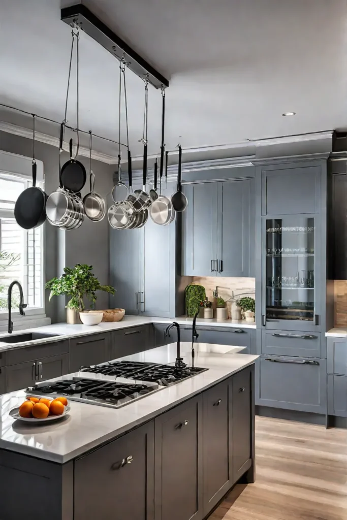 Kitchen island with a builtin hanging pot rack and storage