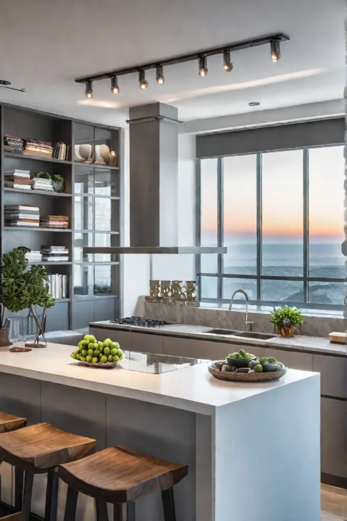 Kitchen island with open shelving for cookbooks and decor