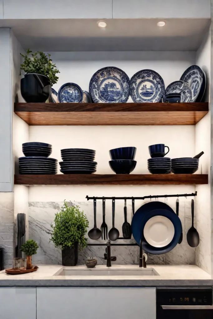 Kitchen open shelving with vintage cookbooks and plates