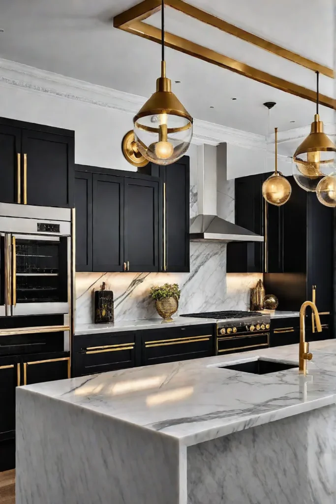 Kitchen with black cabinets and gold hardware