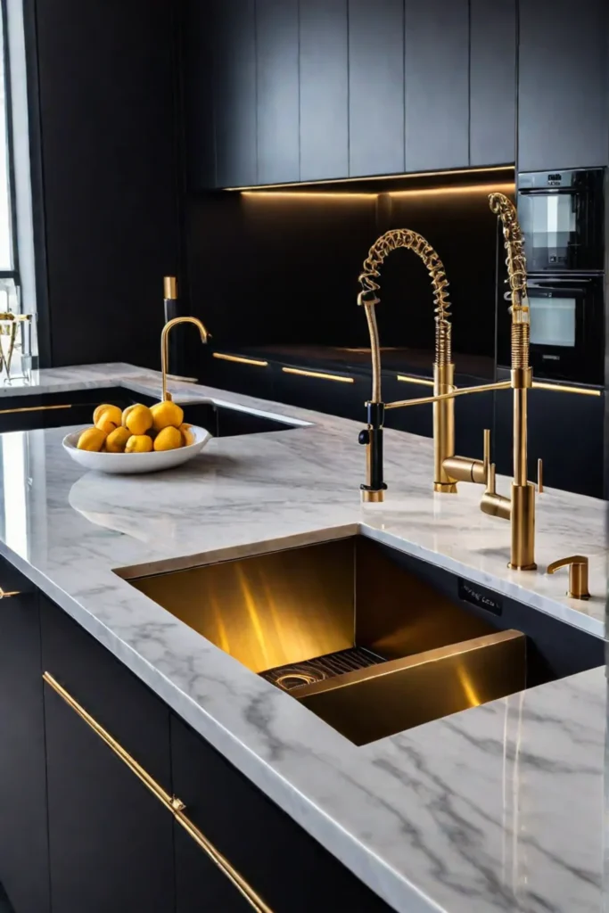 Kitchen with black cabinets and marble countertops