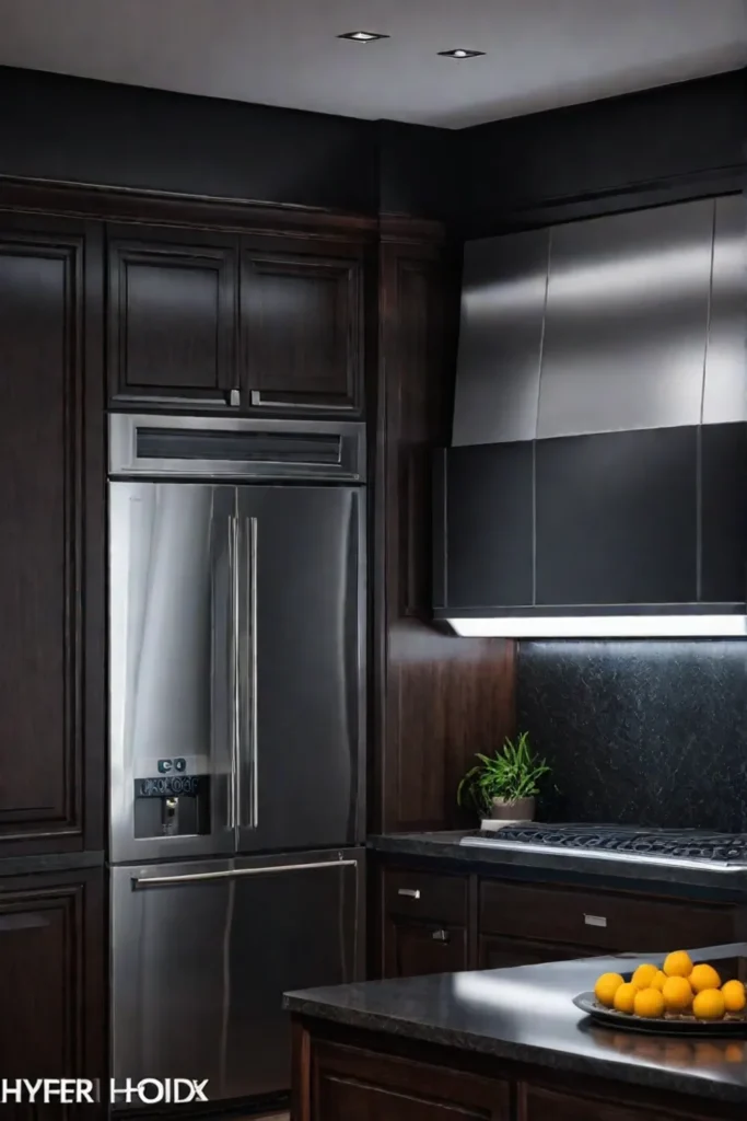 Kitchen with black granite countertops and dark wood cabinets