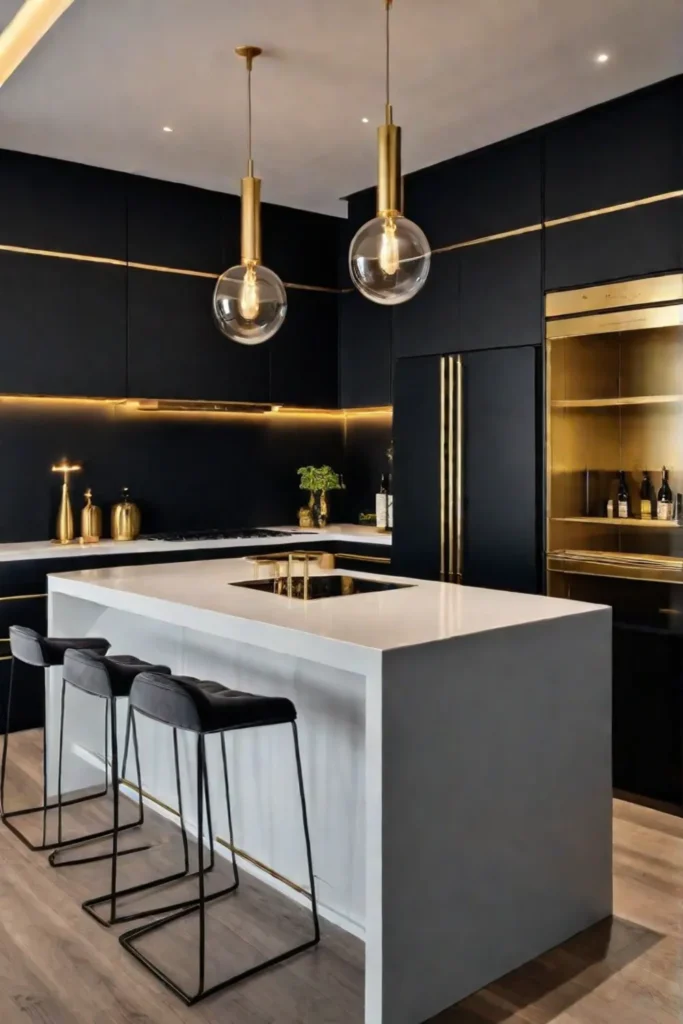 Kitchen with black matte cabinets and gold hardware