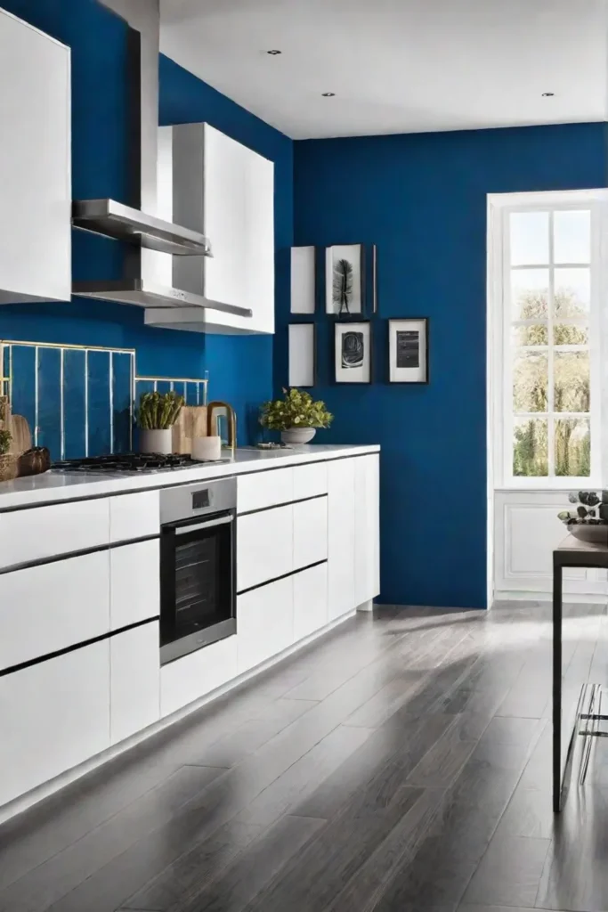 Kitchen with blue accent wall and white cabinets